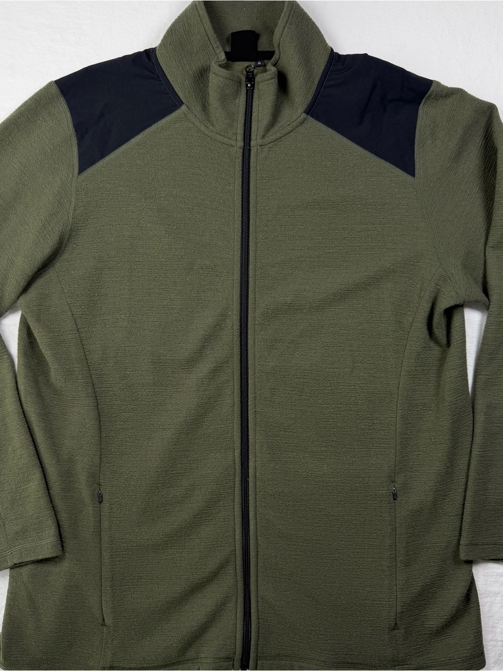 WoolX Mens XL Olive Merino Full Zip Jacket Green Black Shoulders